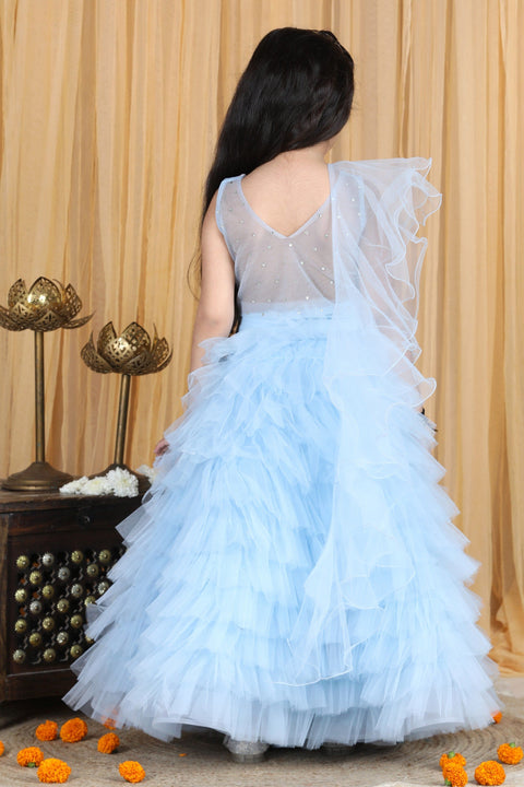 Pre-Order: Blouse with Hand Embroidery and Tulle Lehenga and Dupatta