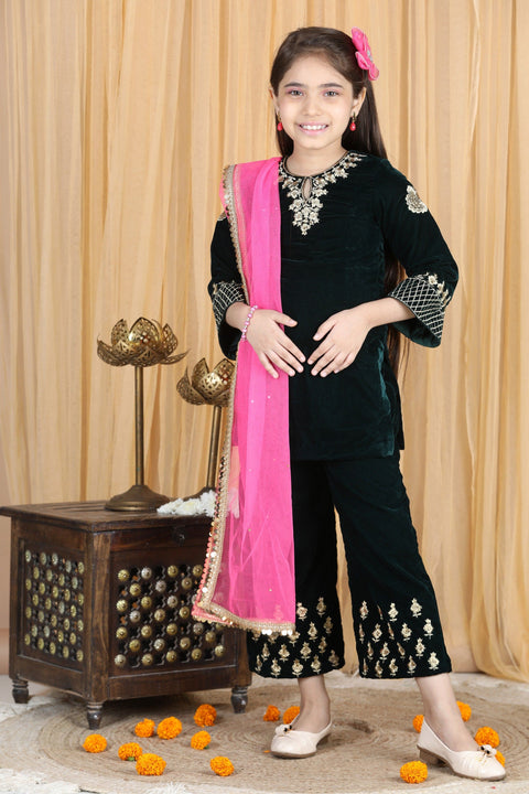 Pre-Order: Velvet Suit with Zari Embroidery on Top and Bottom and Net Dupatta