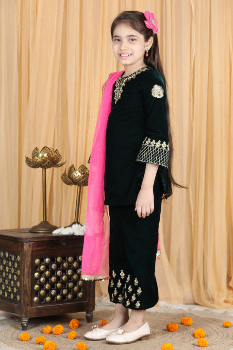 Pre-Order: Velvet Suit with Zari Embroidery on Top and Bottom and Net Dupatta