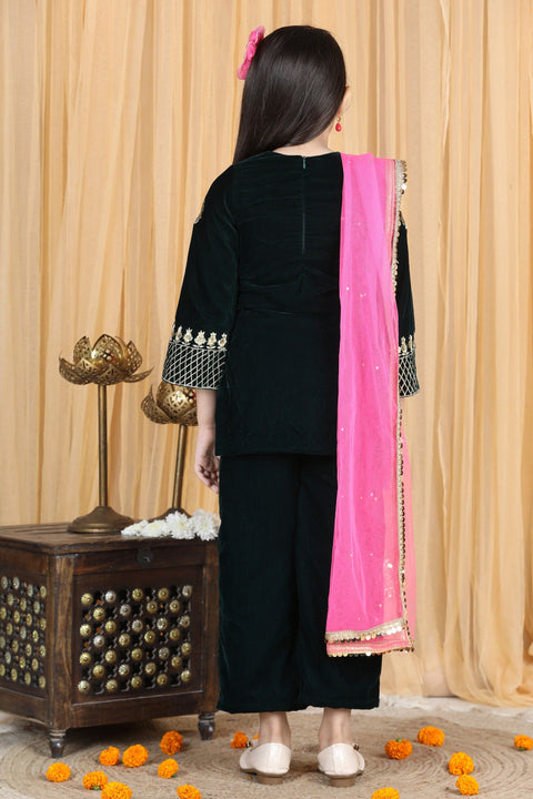 Pre-Order: Velvet Suit with Zari Embroidery on Top and Bottom and Net Dupatta