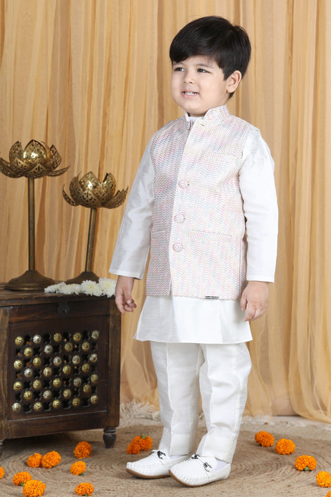 Pre-Order: Silk Kurta with Thread Embroidery by Sleeveless Jacket