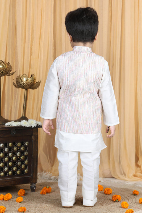 Pre-Order: Silk Kurta with Thread Embroidery by Sleeveless Jacket