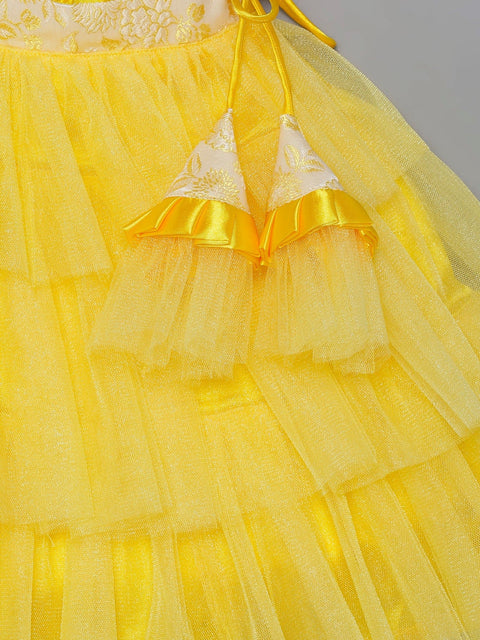 Pre-Order: Yellow Brocade Top with Tulle Lehenga