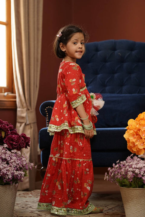 Pre Order: Red Cotton Print Kurti Sharara