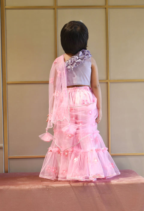 Pre Order: Lilac Choli and Pink Flower Net Sharara