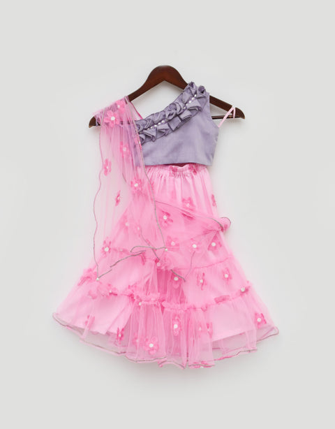 Pre Order: Lilac Choli and Pink Flower Net Sharara