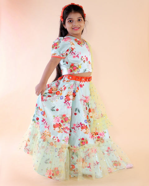 Pre-Order: Floral Print Top and Ghagra with Net Dupatta