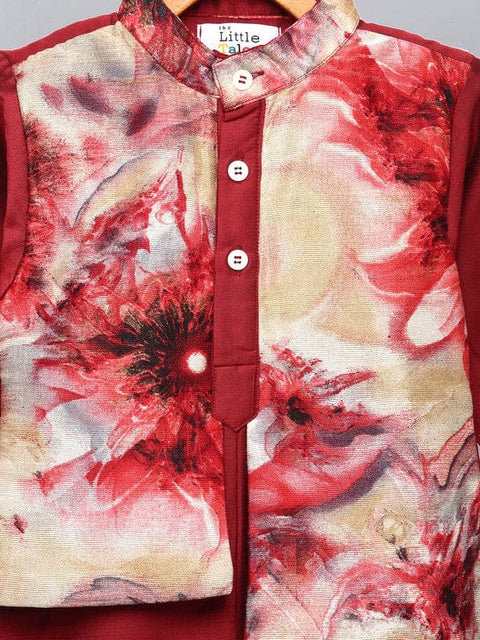 Pre-Order: Deep Red Kurta with Printed jacket attached Kurta Pyjama