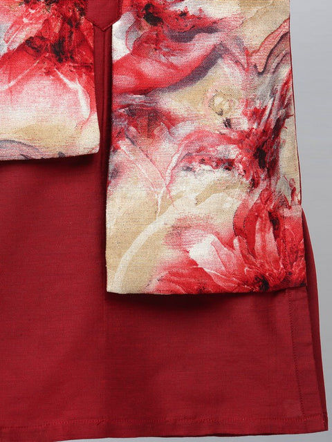 Pre-Order: Deep Red Kurta with Printed jacket attached Kurta Pyjama