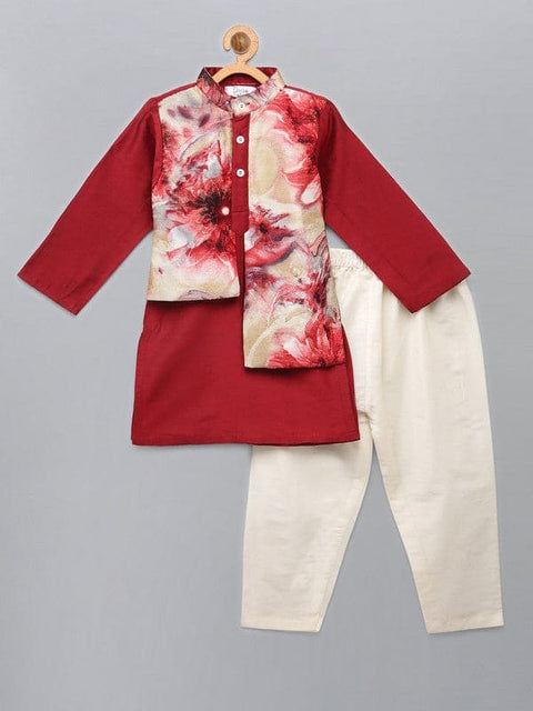 Pre-Order: Deep Red Kurta with Printed jacket attached Kurta Pyjama