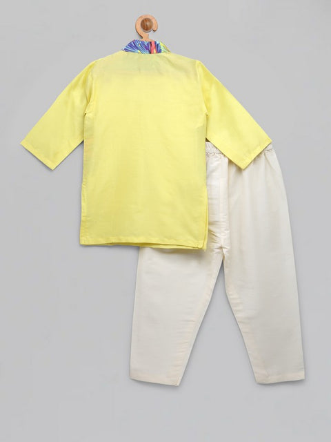 Pre-Order: Lime Yellow Kurta with Printed jacket attached Kurta Pyjama