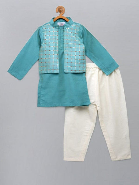 Pre-Order: Blue  kurta with Check Attached Jacket and Pyjama