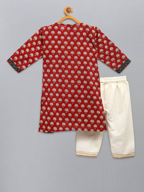 Pre-Order: Red Printed Godet Kurta with Off-white Pajama
