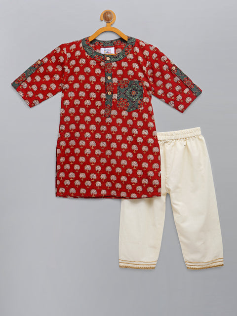 Pre-Order: Red Printed Kurta with Pyjama