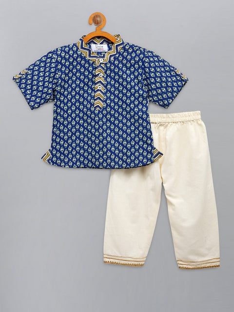 Pre-Order: Blue Printed Short Kurta with Pyjama