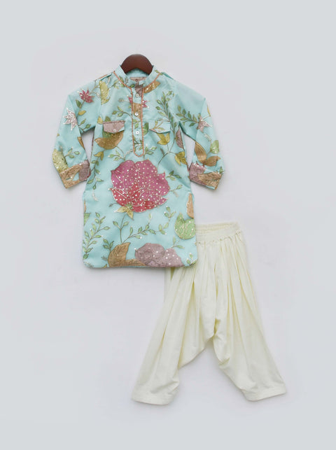 Pre-Order: Aqua Embroidery Kurta with Off White Salwar