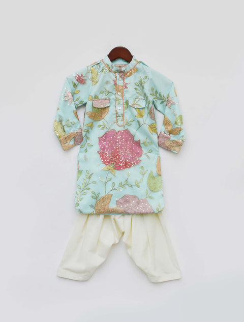 Pre-Order: Aqua Embroidery Kurta with Off White Salwar