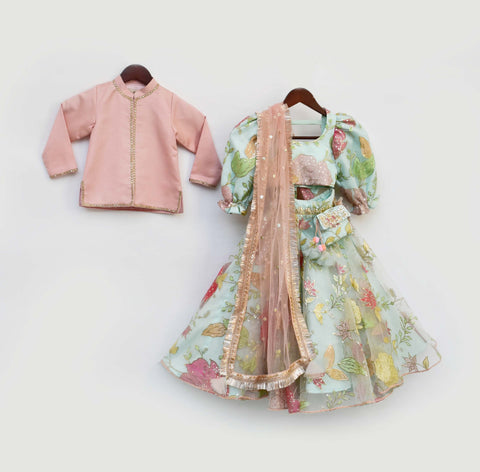 Pre-Order: Aqua Embroidery Net Lehenga Choli with Peach Silk Jacket