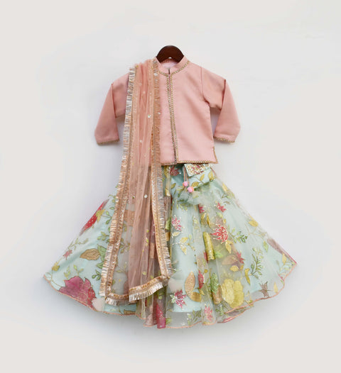 Pre-Order: Aqua Embroidery Net Lehenga Choli with Peach Silk Jacket