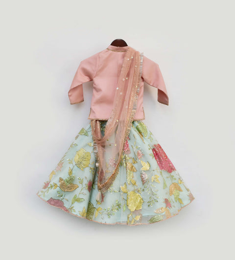 Pre-Order: Aqua Embroidery Net Lehenga Choli with Peach Silk Jacket