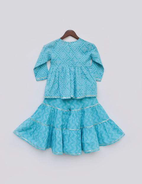 Pre Order: Aqua Print Kurti Sharara Set