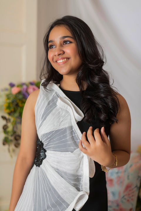 Pre-Order: Black and White Straight Dress with Placement Embroidery