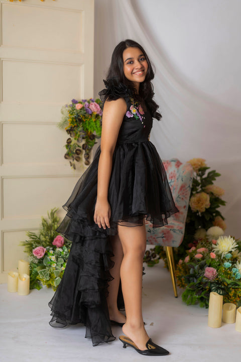 Pre-Order: Black Floral Embroidered Hi-Low Gown