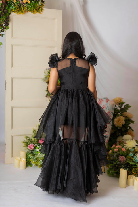 Pre-Order: Black Floral Embroidered Hi-Low Gown