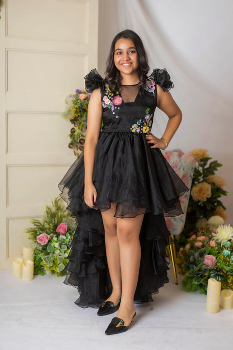 Pre-Order: Black Floral Embroidered Hi-Low Gown