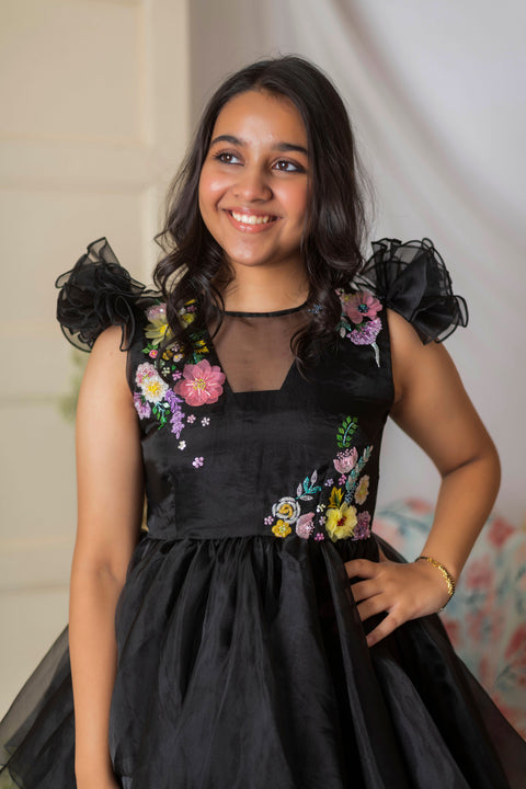 Pre-Order: Black Floral Embroidered Hi-Low Gown