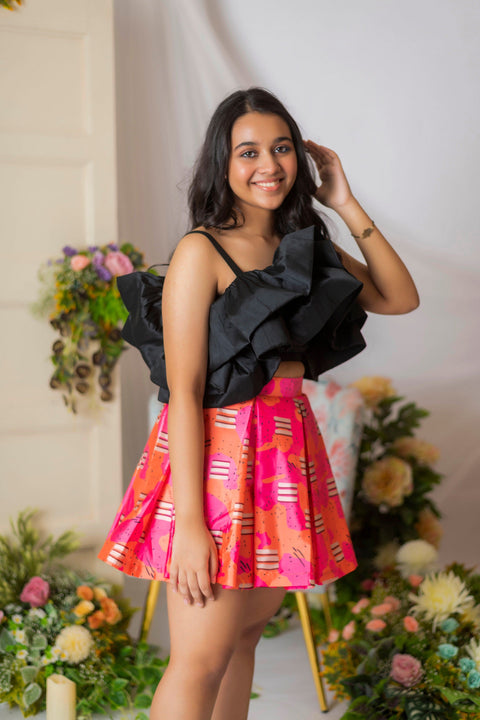 Pre-Order: Candy Printed Skirt with Black Layered Top