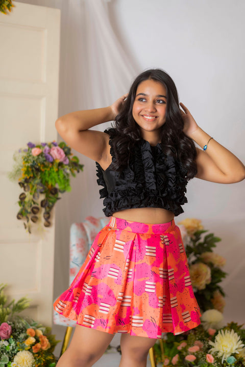 Pre-Order: Candy Printed Skirt with Black Ruched Top
