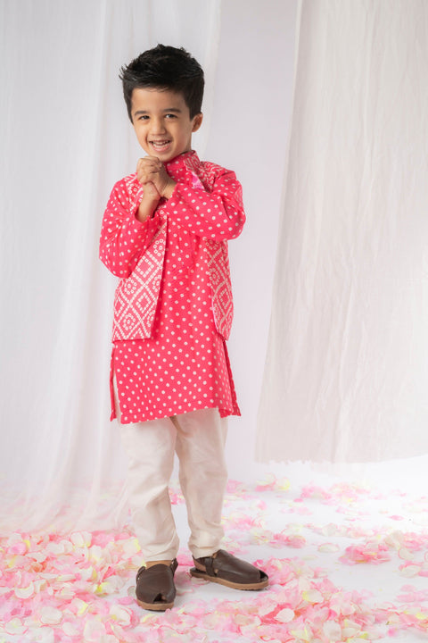 Pre-Order: Pink Bandhej Kurta Nehru Jacket Set