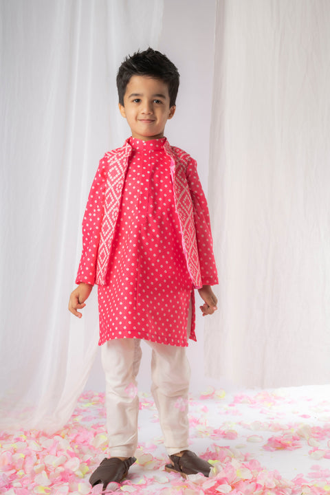 Pre-Order: Pink Bandhej Kurta Nehru Jacket Set