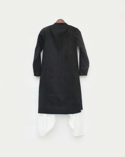 Pre-Order: Black Silk Ajkan with Off White Salwar