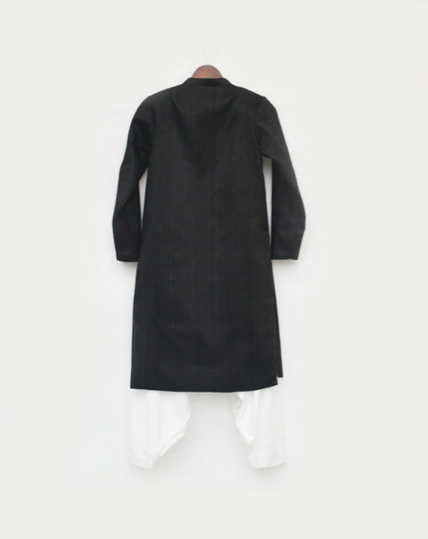 Pre-Order: Black Silk Ajkan with Off White Salwar