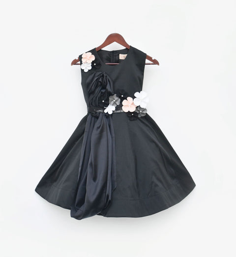 Pre Order: Black Taffeta Silk Dress with 3D Flowers