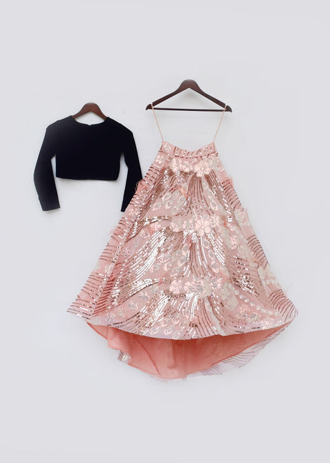 Pre-Order: Black Velvet Top with Sequins Embroidery Lehenga