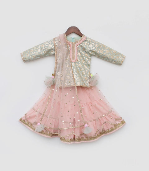 Pre-Order:  Blue Chanderi Kurti and Peach Net Sharara