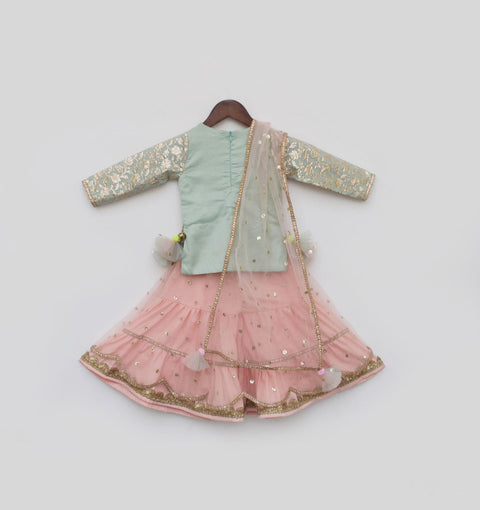 Pre-Order:  Blue Chanderi Kurti and Peach Net Sharara