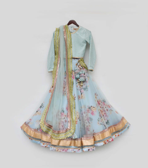 Pre-Order: Blue Embroidery Choli with Blue Net Lehenga
