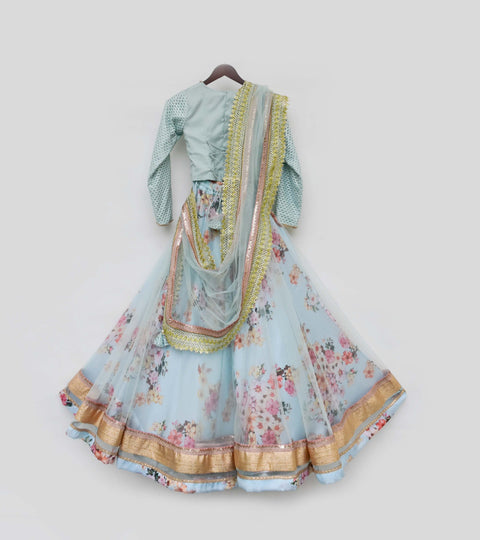 Pre-Order: Blue Embroidery Choli with Blue Net Lehenga