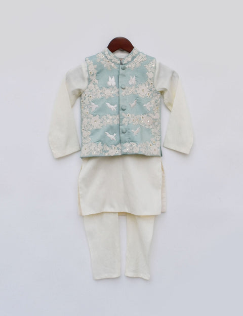 Pre Order: Blue Embroidery Jacket with Kurta and Chudidar