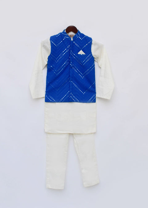 Pre-Order: Blue Mirror Embroidery Jacket with Cotton Silk Kurta and Pant