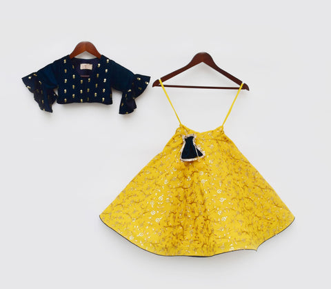 Pre Order: Blue Velvet Crop Top with Yellow Embroidery Lehenga