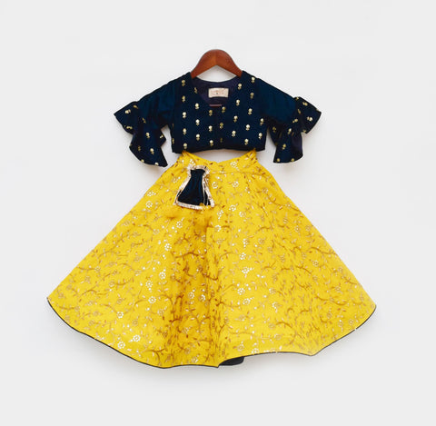 Pre Order: Blue Velvet Crop Top with Yellow Embroidery Lehenga