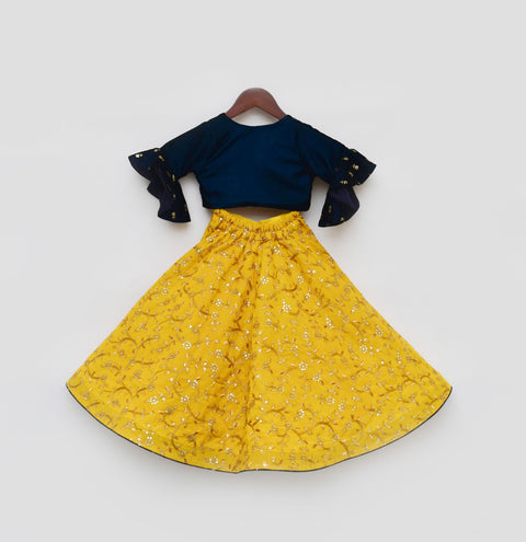 Pre Order: Blue Velvet Crop Top with Yellow Embroidery Lehenga