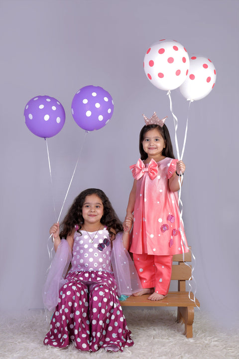 Pre-Order: Peach polka Bow kurta with pants.