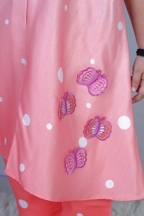 Pre-Order: Peach polka Bow kurta with pants.