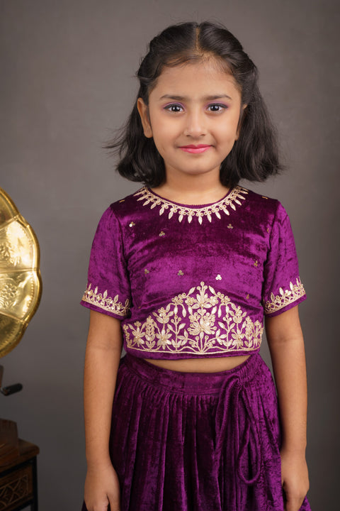 Pre-Order:  Floral Sequin Work Purple Velvet Top With Lehenga